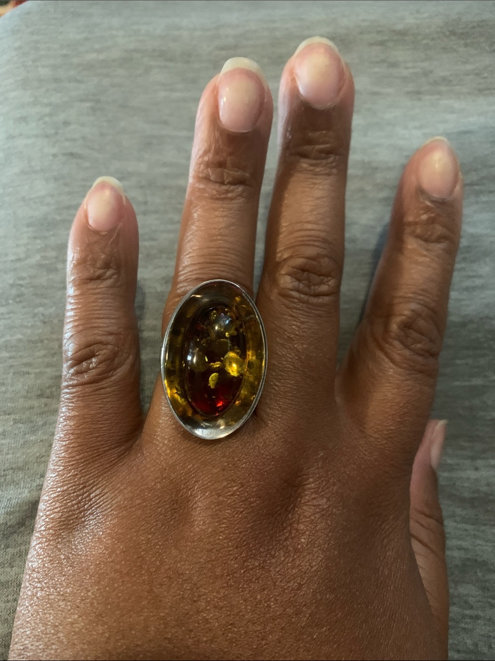 Vintage Sterling Silver Amber Oval Cocktail Ring - Brown/Gold